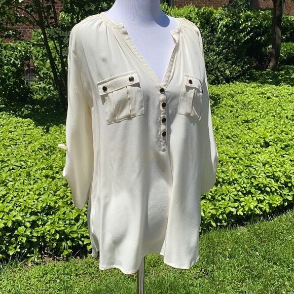 Yumi Kim Cream Silk Collarless V-Neck Blouse - Picture 2 of 7